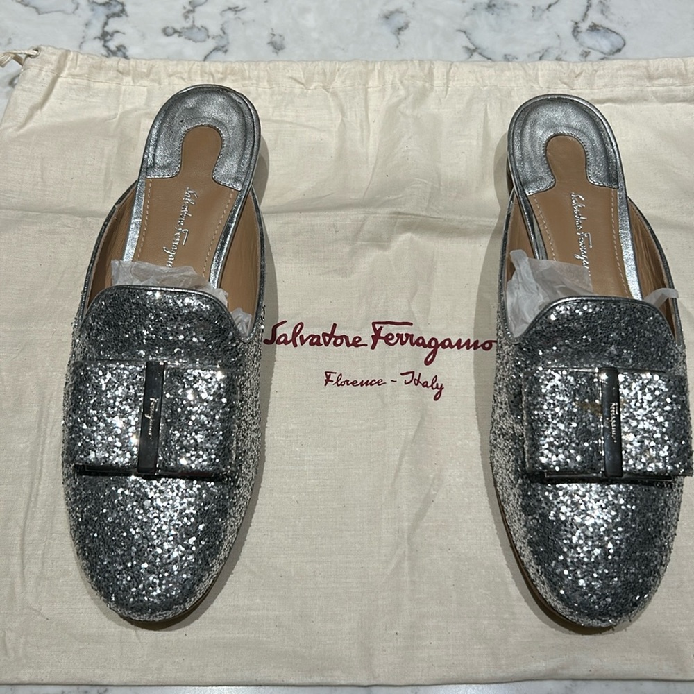 Ferragamo Silver Glitter Mules
